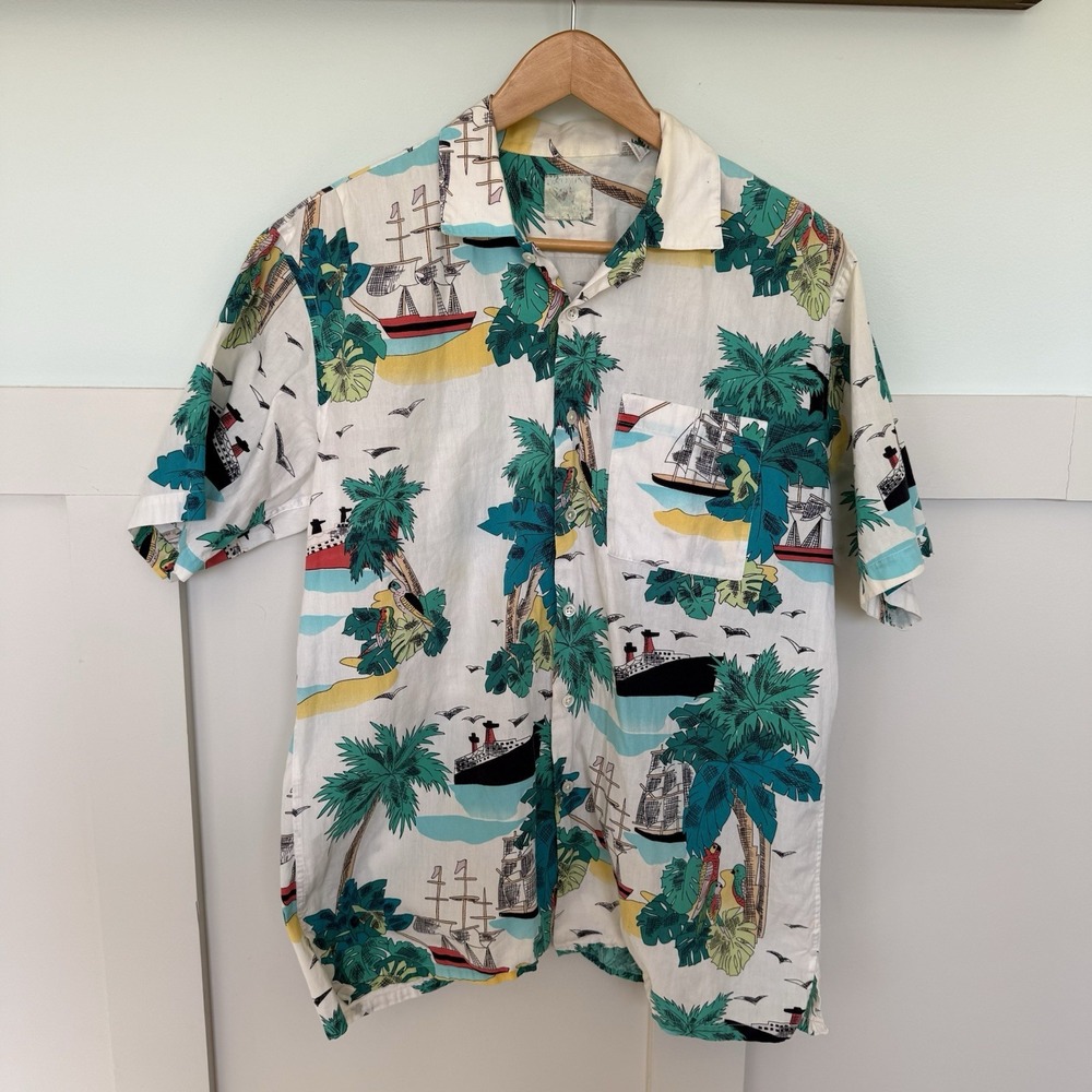 VTG Wyoming Hawaiian Shirt LARGE‎ Cotton Button Up Tropical Vacation Cruise